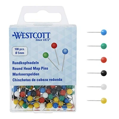 Abbildung von WESTCOTT Rundkopfnadeln, 100 Stück, 5 mm Durchmesser, 16 lang, farbig sortiert, E 10500 00
