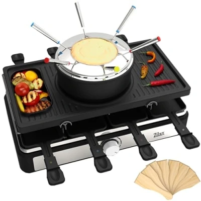 Abbildung von Zilan Raclette und Fondue Set ZLN 8856, 8 Raclettepfännchen, 1400 W, 3 in 1 Raclett/Grill/Käsefondue,8 Personen,Antihaftbeschichtet