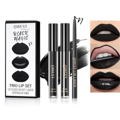 Abbildung von Baorder 3Pcs Black Matte Lip Liner und flüssiger Lippenstift Fleck Set,langlebiger Lipgloss+Glossy Gloss+Lip Bleistift,3 In 1 Make up Kit