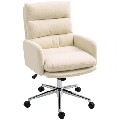 Abbildung von HOMCOM Bürostuhl Ergonomischer Schreibtischstuhl mit Armlehne, Lammwolle Optik, Höhenverstellbarer Drehstuhl Wippfunktion, Gepolstert Home Office Stuhl, Cremeweiß