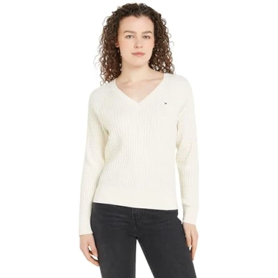 Abbildung von Tommy Hilfiger Strickpullover CO CABLE V NK SWEATER mit Zopfmuster, Ausschnitt