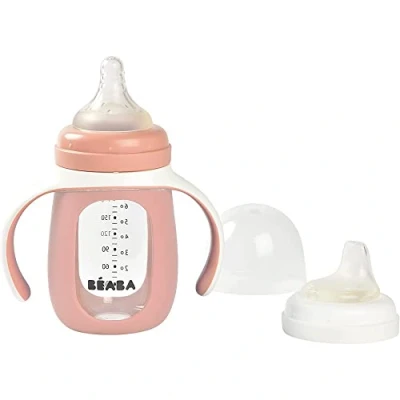 Abbildung von BÉABA, Trinklernbecher 2 in 1, Glas, Silikonhülle, robust, gesund, 100% wasserdicht, abnehmbare Griffe, 210ml, Old Pink