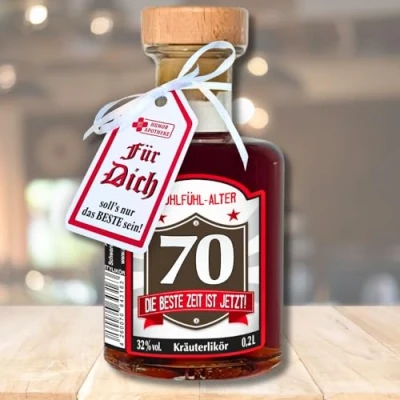 Abbildung von Apothekerflasche Zum 70. Geburtstag Kräuterlikör 0,2L 33% vol. für Männer als Geburtstagsgeschenk Schnaps Likör Humorapotheke
