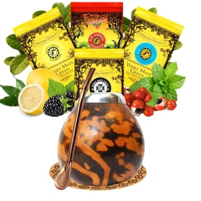 Abbildung von Yerba Mate Tee Set mit natürlicher Kalebasse Misterio ● Kürbistasse und Strohhalm Edelstahl Bombilla Green 4x50g Gourd