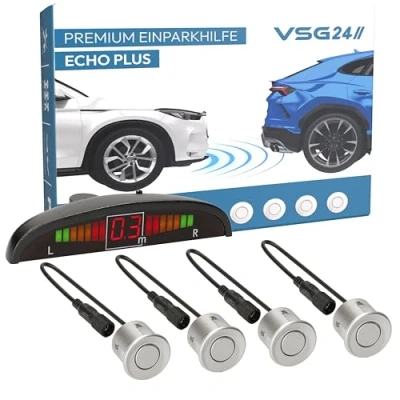 Abbildung von VSG24 Premium Einparkhilfe VORNE mit Display zum nachrüsten am Auto, PDC Parksensoren hinten Stecksystem für einfachste Montage 4 Rückfahrwarner Sensoren Parkhilfe Nachrüstsatz Silber