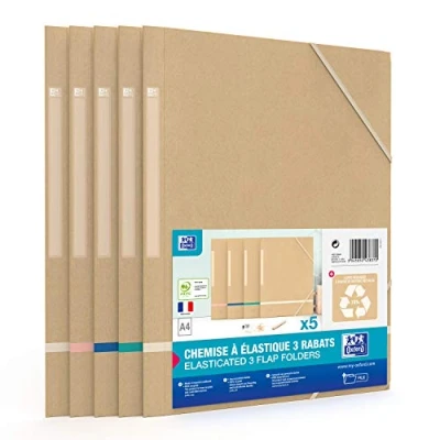 Abbildung von OXFORD Touareg 5 Hüllen aus Karton, 3 elastische Klappen, A4, Umschlag recyceltem Papier, Beige &amp; farblich sortierte Bänder