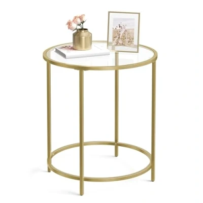 Abbildung von VASAGLE Beistelltisch rund, Kleiner Couchtisch, Glastisch, mit Oberfläche aus Hartglas und Metallgestell, Nachttisch, Sofatisch, Balkon, metallisches Gold transparent LGT20G
