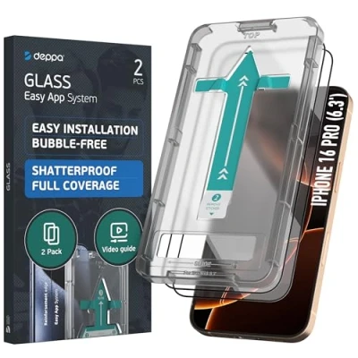 Abbildung von Deppa 2 Stück Schutzfolie für Iphone 16 Pro Screen (6.3 Zoll) mit Schablone Glas Folie Schutzfolie, Schutzglas, Displayschutz, Panzerfolie