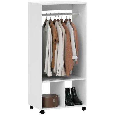 Abbildung von HOMCOM Mobiler Kleiderschrank Garderobe Schrank mit Regal 4 Schwenkräder für Wohnzimmer Schlafzimmer, Aluminiumlegierungen, 60 x 40 127 cm, Weiß