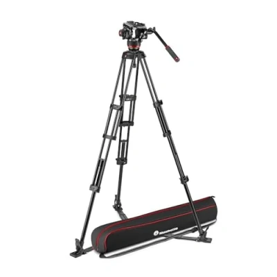 Abbildung von Manfrotto 504X Fluid Videokopf mit Doppelbeinstativ, Kit Aluminiumstativ und Videokopf, Doppelbein Bodenspinne, für DSLRs, Digitalkameras, Camcorder, Tragetasche, bis zu 12 kg