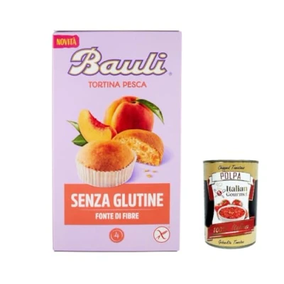Abbildung von 3x Bauli Tortina Pesca Senza Glutine, Pfirsich kuchen, Gluten free, Für ein glutenfreies Frühstück 140g + Italian Gourmet polpa 400g