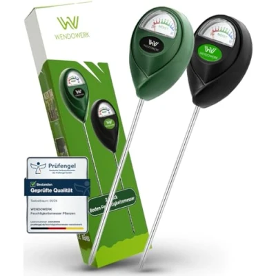 Abbildung von WENDOWERK® [2 Stück] Boden Feuchtigkeitsmesser für Pflanzen [Grün/Schwarz] Ohne Batterien Verbessertes Feuchtigkeitsmessgerät [2025] Premium Bodentester