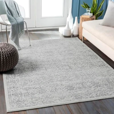 Abbildung von Surya Palermo Vintage Teppich groß Orientalischer Wohnzimmer 200x274 cm, Esszimmer, Schlafzimmer Boho Teppich, Kurzflor für einfache Pflege Muster in Elfenbein und Grau