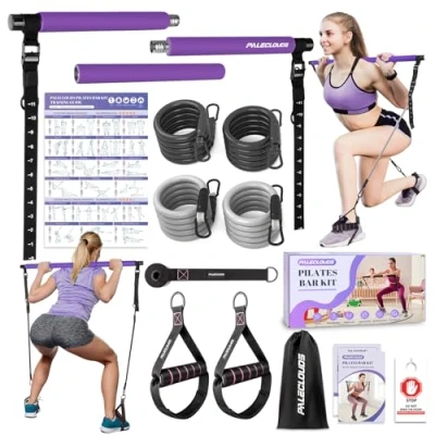 Abbildung von Pilates Stange, Bar Set mit 2 Paar Widerstandsbänder(25/30Lbs), Metall Einstellung Schnalle &amp; Ausbildung Poster, Skulptur Fitness Stange for Home Gym Workout Equipment(Frauen)