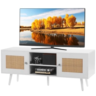 Abbildung von VEVOR Rattan TV Ständer, Fernsehschrank Boho Schrank für 140 cm Fernseher, Retro Konsole mit verstellbaren Regalen &amp; 2 Türen, Wohnzimmer, Medienraum, Weiß