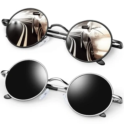 Abbildung von KANASTAL 2er Set Runde Sonnenbrille Herren Damen Retro Polarisierte Rund mit Metallrahmen Vintage Hippie Rave Brille UV400 Schutz, Schwarze und