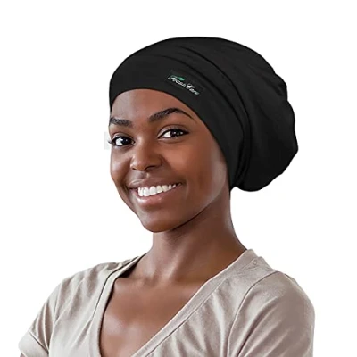 Abbildung von FocusCare Satin gefütterte Schlafmütze lockiges Mädchen Slap Kopfbedeckung Geschenke für krauses Haar Frauen, Pure Black, One Size (Pack of 1)