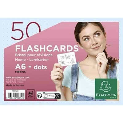 Abbildung von Exacompta 10352E 50er Pack Karteikarten gepunkted DIN A6 ideal für die Schule, zum Lernen von Vokabeln Flashcards Memo Lernkarten Lernkartei 148 x 105 mm blau