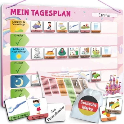 Abbildung von LIKARTO Routine Planer Kinder [DAS ORIGINAL] Montessori Magnettafel inkl. 147 Magnete &amp; Magnetischer Rückseite Tagesplaner Lernhilfe zur Selbstständigkeit Tagesplanung Pink