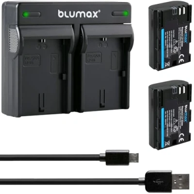 Abbildung von 2X blumax Akku Ersatz für Canon LP E6NH [ 2400mAh ] mit NTC Sensor &amp; V1 Gehäuse + Dual Charger E6N E6 / EOS R R5 R6 II R7 90D
