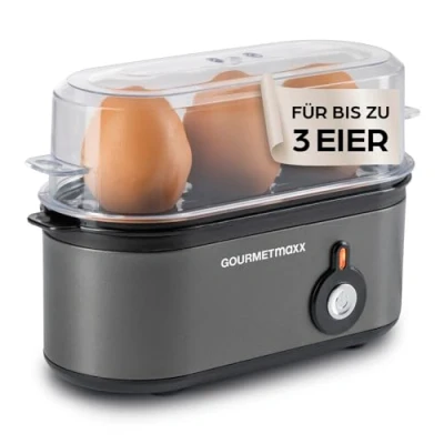 Abbildung von GOURMETmaxx Eierkocher für 3 Eier Egg Boiler mit Eierstecher im Messbecher Cooker Härtegrade deinen Eierbecher Design klein spülmaschinenfeste Teile