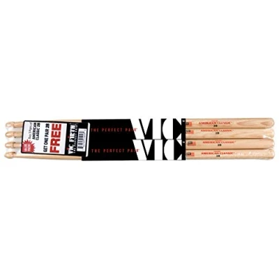 Abbildung von Vic Firth American Classic Series Drumsticks 2B Hickory Holz Tip Natur 4 Paar Value Pack