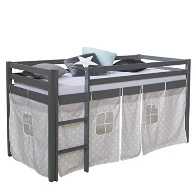 Abbildung von Homestyle4u 1875, Hochbett 90x200 Kinder Kinderbett mit Rausfallschutz Treppe Bettgestell Kiefer Holz Vorhang Grau Sterne