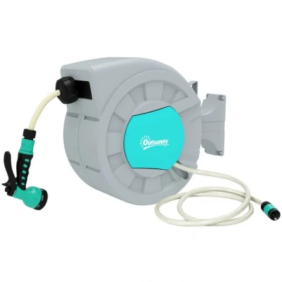 Abbildung von Outsunny Schlauchtrommel mit Gartenschlauch 20m, 180 schwenkbar, zur Wandmontage, (Schlauchaufroller, 1 tlg., Schlauchbox), automatische Aufrollung, 7 Funktionen Handbrause, Grau