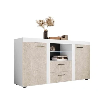 Abbildung von Mirjan24 Kommode Rango mit Glasboden, Highboard Sideboard, Anrichte, Naturtöne, Mehrzweckschrank, Wohnzimmerschrank, Schrank (mit Beleuchtung, Weiß/Beton Hell)