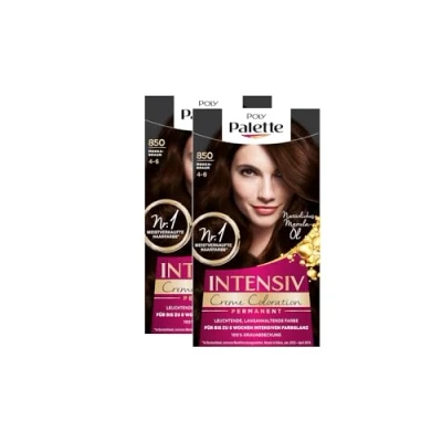 Abbildung von POLY PALETTE Intensiv Creme Coloration 4 6/850 Mokkabraun Stufe 3 (2 x 115 ml), permanente für bis zu 8 Wochen intensiven Farbglanz &amp; 100% Grauabdeckung