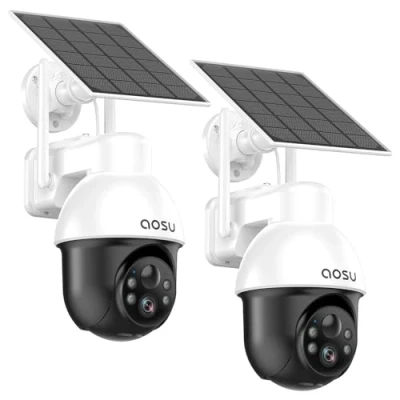 Abbildung von AOSU 3K Überwachungskamera Aussen Akku Solar, 5MP Kabellose WLAN für den Außenbereich zur Haussicherheit, 360 Panoramisches PTZ, Automatische Verfolgung, Nachtsicht, 2 STK
