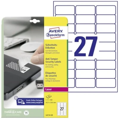 Abbildung von AVERY Zweckform L6114 20 Sicherheitsetiketten (540 Folienaufkleber, 63,5x29,6mm auf A4, stark selbstklebend, fälschungs /manipulationssicher Sicherheitsfolie, bedruckbare Klebefolie) Blatt, weiß