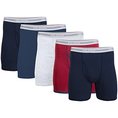 Abbildung von Gildan Herren Underwear Boxer Briefs, Multipack Retroshorts, Marineblau/Heather Navy/Sport Grey/Dot/Navy (5er Pack, Klassische Länge), X Large