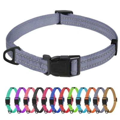 Abbildung von TagME Nylon Hundehalsband, Verstellbares Reflektierendes Hundehalsband mit Sicherheitsschnalle für Kleiner Hund, Grau, 1.5cm Breite