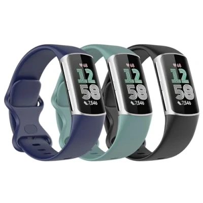 Abbildung von Astorgos 3 Stück Armband Kompatibel mit Fitbit Charge 6/Fitbit 5 für Damen Herren, Weiches TPE Uhrenarmband Ersatzarmband, Schwarz/Dunkel Blau/Tannen Grün