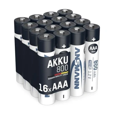Abbildung von ANSMANN Akku AAA Micro 800mAh 1,2V NiMH 16 Stück für Geräte mit hohem Stromverbrauch, Wiederaufladbare Batterien maxE Akkus Spielzeug Taschenlampe Stirnlampe UVM Rechargeable Batteries