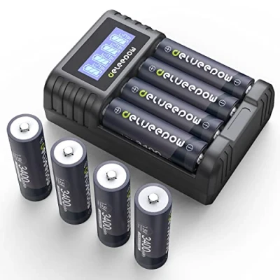 Abbildung von Delyeepow Wiederaufladbare AA Batterien Lithium 3400mWh 1.5V, 1500 Zyklen Akku Wiederaufladbar 8 Stück mit LCD Multifunktions Ladegerät