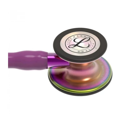 Abbildung von 3M Littmann Cardiology IV Stethoskop für die Diagnose, regenbogenfarbenes Bruststück, pflaumenfarbener Schlauch, violetter Schlauchanschluss und schwarzer Ohrbügel, 69 cm, 6205