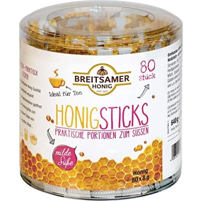 Abbildung von Breitsamer Honigsticks mild 80 x 8g Großpackung Lieblicher Blütenhonig in praktischen Portionen ideal zum Süßen im handlichen Stick (1 640g)