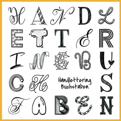 Abbildung von Handlettering Buchstaben: Irgendwo zwischen schreiben, zeichnen und meditieren.