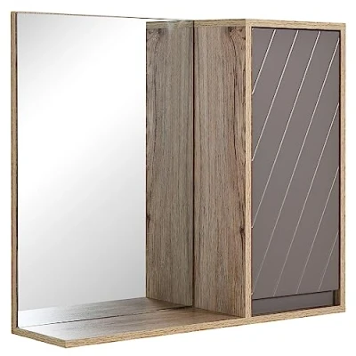 Abbildung von HOMCOM Spiegelschrank Badschrank Hängeschrank Badmöbel Wandschrank Mehrzweckschrank, Spanplatte+MDF, Grau+ Natur,57 x 14,2 49,2 cm