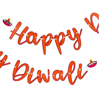Abbildung von Talking Tables Diwali Party Dekorationen zum Aufhängen, Wiederverwendbare Wimpelkette für Ihre Feier. Das Willkommensgirlandenschild kommt in leuchtendem Orange mit einem bunten Kerzendesign an jedem