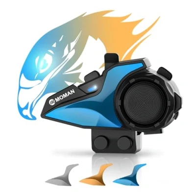 Abbildung von Motorrad Headset Intercom, Moman H2E Adlerähnliches Motorradhelm Kommunikationssystem mit Dual Chip für Audio Multitasking Helm Gegensprechanlage Kopfhörer HiFi/Musik Teilen/FM/AI Sprache (1 Pack)