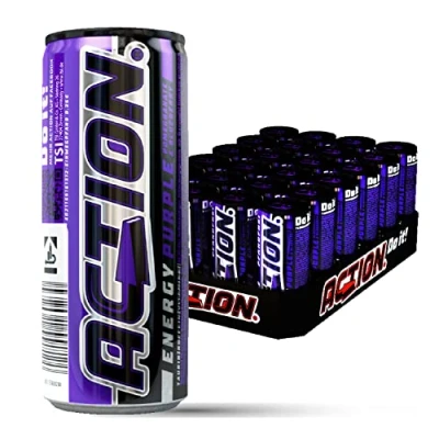 Abbildung von ACTION Purple Energy Drink mit Granatapfel Heidelbeere Geschmack 24er Palette Dosen Getränke EINWEG (24 x 500 ml)…