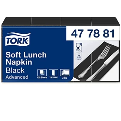Abbildung von Tork 477881 Soft Lunchservietten Schwarz 1/8 Falz / 3 lagige, vorgefaltete Servietten für kleine Gerichte oder Snacks Advanced Qualität 10 x 150 (1500) Papierservietten 32,6 33 cm (B L)