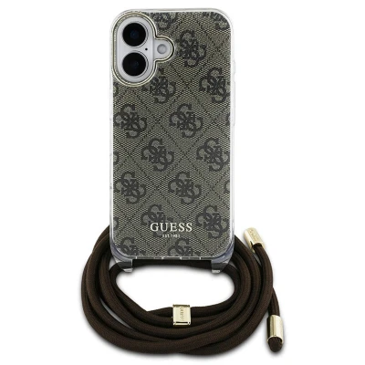 Abbildung von Apple iPhone 16 Hülle TPU Guess Backcover MagSafe Crossbody Cord Handyhülle Braun