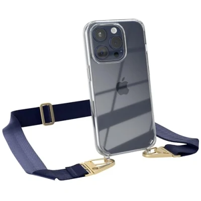Abbildung von EAZY CASE Hülle mit Band kompatibel iPhone 15 Pro Handyhülle Umhängeband für Silikonhülle Transparent Schutzhülle Handykette zum Umhängen Handykordel Smartphone in Blau Gold