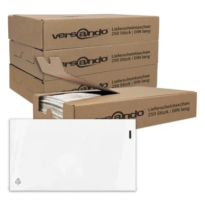 Abbildung von versando 4x 250 Lieferscheintaschen DIN lang selbstklebend Dokumententaschen Begleitpapiertaschen transparent in Spenderbox