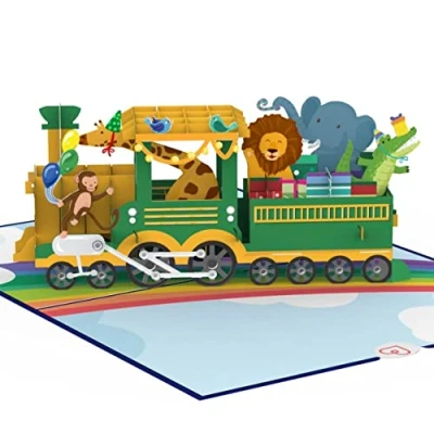 Abbildung von papercrush® Pop Up Karte Eisenbahn mit Tieren Lustige 3D Geburtstagskarte Tiermotiv und Lokomotive für Kinder (Mädchen &amp; Jungen), Glückwunschkarte zum Kindergeburtstag, Gutschein Zoobesuch