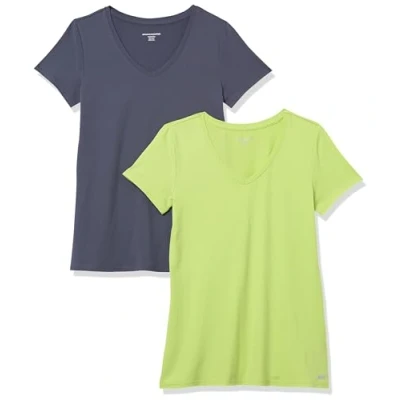 Abbildung von Amazon Essentials Damen Tech Stretch T Shirt mit kurzen Ärmeln und V Ausschnitt (erhältlich in Übergröße), 2er Pack, Lindgrün/Schiefergrau, S